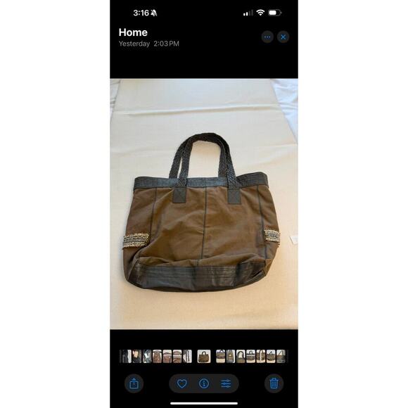EUC Ambre Babzoe Canvas  Lamb Leather Tote Bag Braided Leather Straps Brown Gray - Picture 12 of 12